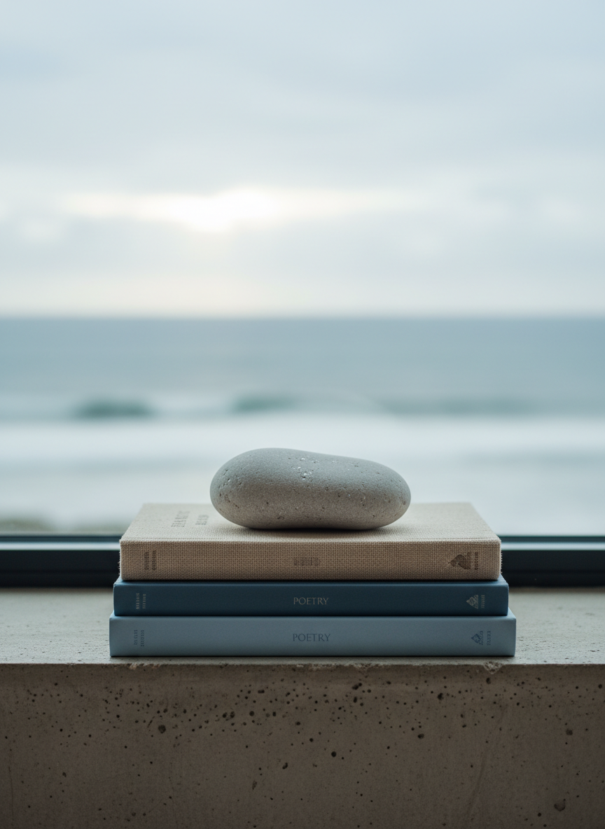 A smooth, pale stone with subtle specks of mica balances atop a stack of three poetry books in muted tones of sand, slate, and mist blue. The books rest on a low concrete ledge beside a large window, through which blurred silhouettes of distant waves and sky can be seen. Late afternoon overcast light filters in, cool and diffused, softly emphasizing the textures of the stone, book cloth, and concrete. Photographic realism, minimalist composition with ample negative space and sharp focus throughout, creates a serene, meditative scene that suggests the quiet weight and balance of carefully chosen words in poetry.