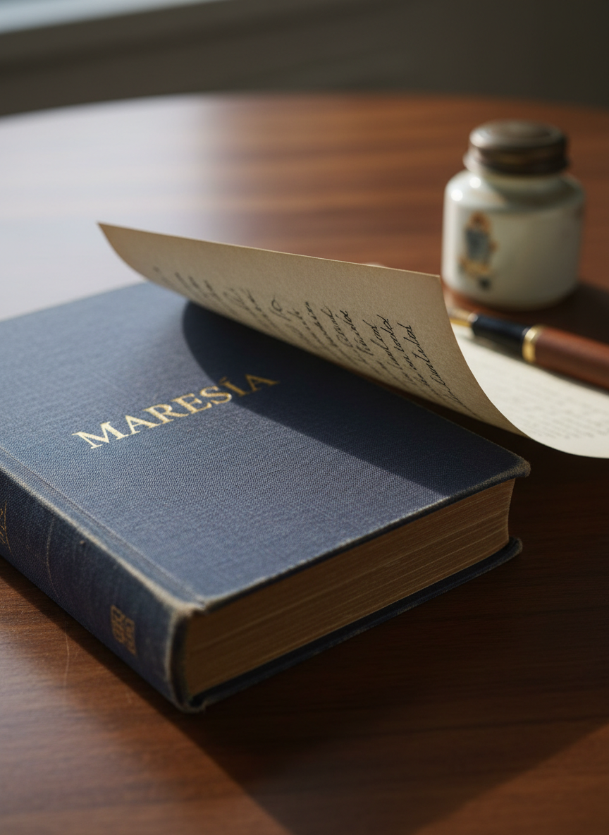 A weathered hardcover poetry book in deep indigo linen, its gilt title “Maresía” delicately embossed, lies half-open on a dark walnut table. A single cream-colored page is caught mid-turn, edges slightly curled, revealing elegant lines of handwritten verse. In the background, out of focus, an antique inkwell and a fountain pen rest beside the book. Soft, diffused morning light enters from the left, grazing the textured cloth cover and casting gentle shadows along the grain of the wood. Photographic realism, eye-level composition with shallow depth of field, creates an intimate, sophisticated atmosphere, evoking quiet contemplation and the timeless allure of poetry.