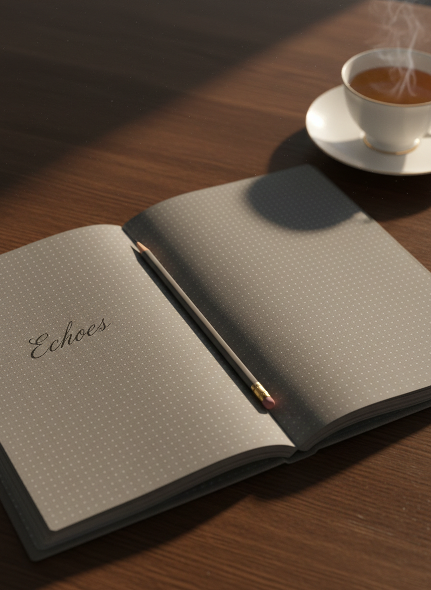 An open notebook with soft gray dotted pages lies on a dark oak table, its center spine forming a gentle valley where a fine graphite pencil rests perfectly aligned. On the left page, only a single, carefully written word appears, while the right page remains blank, subtly inviting more. A delicate porcelain cup of herbal tea, pale amber in color, sits slightly out of focus in the upper corner. Warm, indirect lamplight from the right produces a cozy glow, casting elongated shadows from the pencil. Photographic realism, shot from a slightly elevated three-quarter angle with shallow depth of field, conveys a sophisticated yet intimate atmosphere of poetic beginnings and contemplative silence.