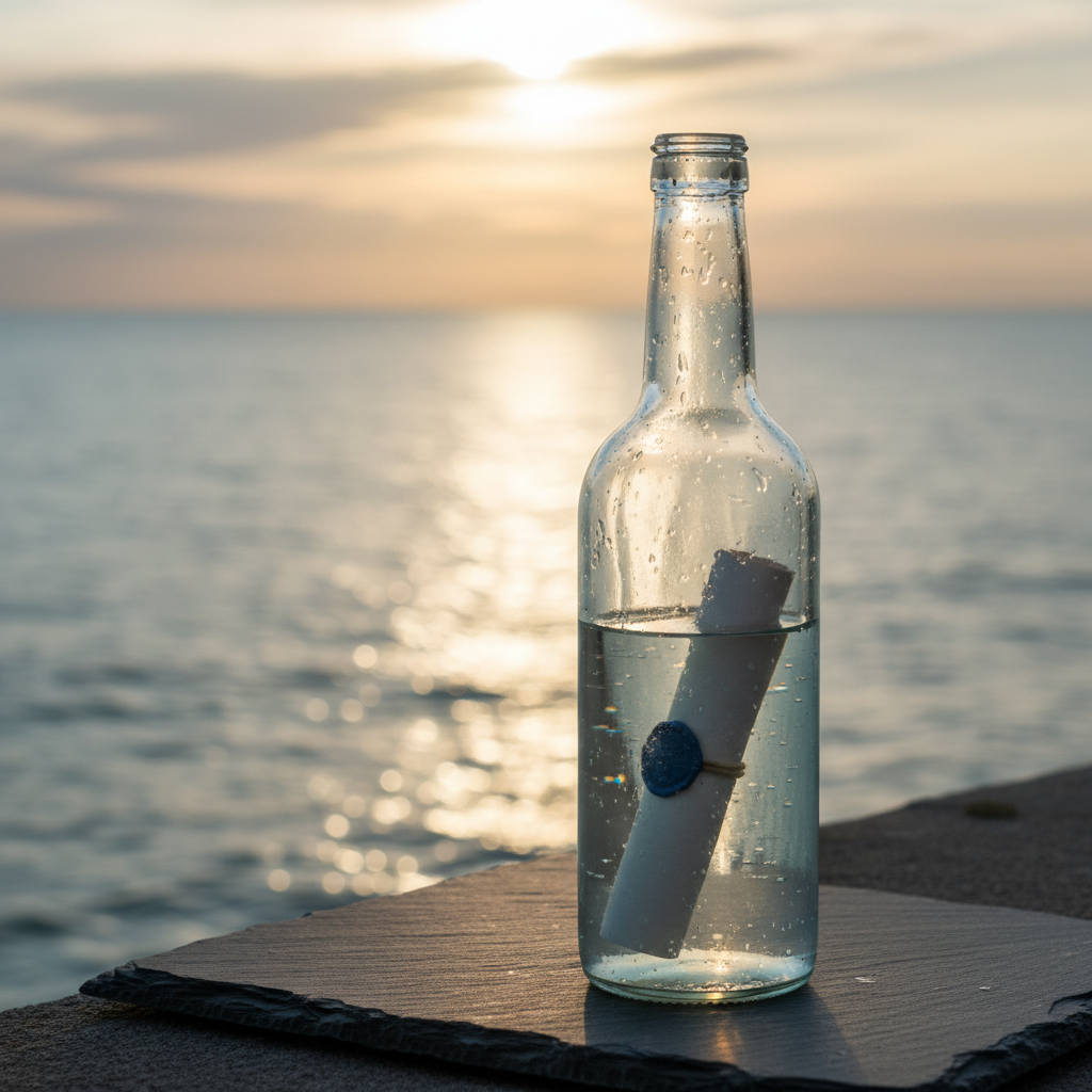 An elegant glass bottle filled with pale turquoise seawater sits atop a smooth slate ledge, a tightly rolled parchment sealed with dark blue wax visible inside. The bottle’s surface bears salt crystals and faint streaks, as if carried long by the ocean. Behind it, an out-of-focus expanse of calm, silvery sea stretches to a softly blurred horizon. Golden hour sunlight casts a warm glow, creating subtle reflections and sparkles on the glass and water. Photographic realism, rule-of-thirds composition, with a shallow depth of field emphasizes the message-in-a-bottle as a poetic metaphor, conveying mystery, longing, and sophisticated coastal melancholy.