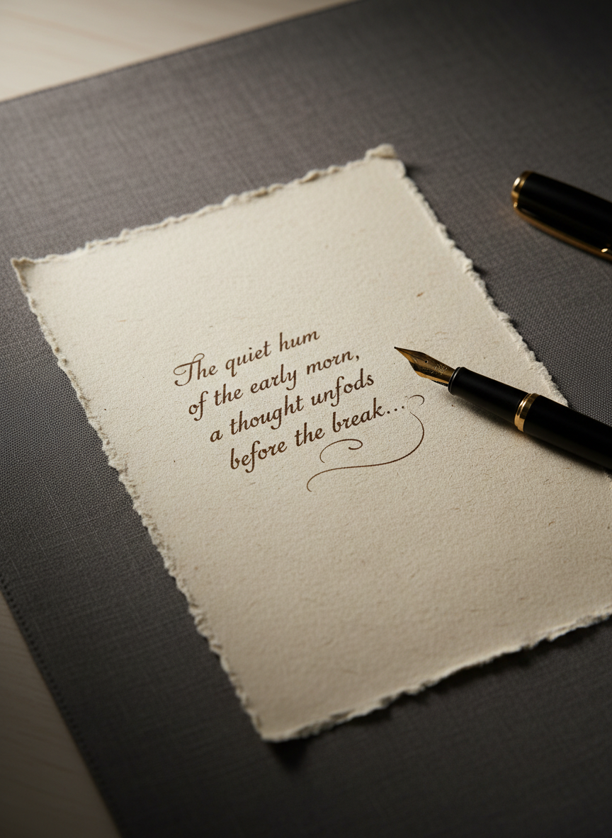 A pristine, cream-colored sheet of handmade paper with deckled edges lies centered on a charcoal linen desk mat, its surface textured with faint fibers. On the paper, a short, unfinished verse is written in deep sepia ink, the final line ending in a hesitant flourish. Next to it rests a matte black fountain pen with a gold nib, a tiny droplet of ink still clinging to the tip. Overhead, soft studio lighting creates a gentle vignette, illuminating the page while leaving the edges of the desk subtly in shadow. Photographic realism, slightly elevated angle with crisp focus on the text, evokes a refined, introspective mood of a poem in the act of becoming.